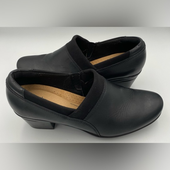 Clarks Collection Leather Black Slip On Heeled Shoes Size 8.5 - Picture 4 of 8